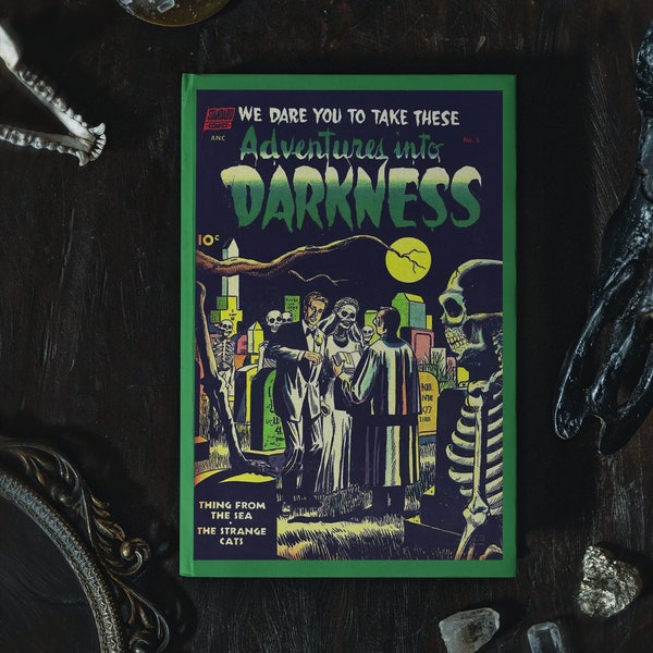 Vintage Comic Book 1952 Adventures Into Darkness Hardcover Journal, Retro Halloween Gifts, Horror Comics Fans, Corpse Bride Chilling Tales