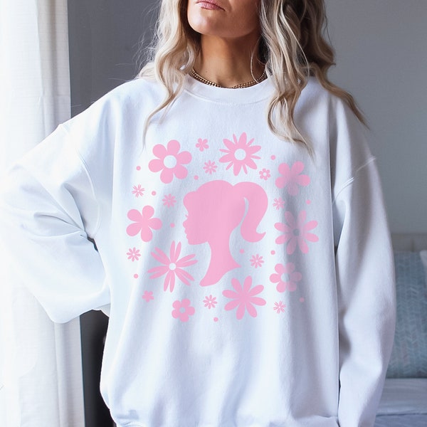 Come On Lets Go Party Sweater Hot Pink Party Girls Gift Retro Doll Head Flower Sweatshirt Summer Movie Party Sweatshirt Beach Coverup