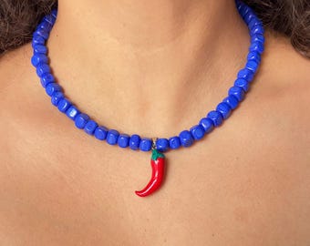 Blue Murano Glass Beaded Chili Pepper Necklace, Red Pepper Polymer Clay Charm Jewelry