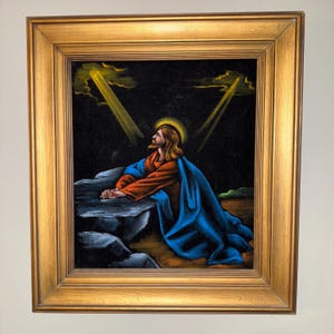 Mid Century Modern Vintage Religious Icon Art Oil on Velvet Painting of Jesus Praying Gold Wooden Frame