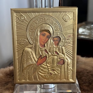 Gold Religious Icon Art Stamped Metal Plaque Russian Icon Virgin Mary and Holy Child Our Lady of Kazan