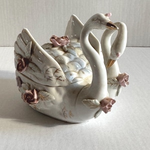 Elegant Antique Swan Ceramic Trinket Box with Lid Two Swans Hand Painted Pink Gold Capodimonte