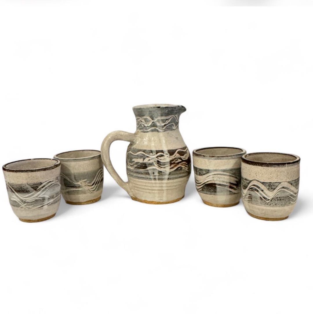 Bone Inlay Rice Pitcher Primitive Vintage Primitive Farmhouse Pottery Pitcher and Glass Vessel Set French ...