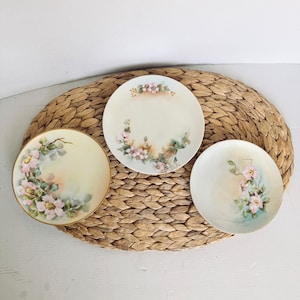 May include: Three round ceramic plates with a cream-colored base. Each plate features hand-painted floral motifs in shades of pink, green, and soft brown. The plates have smooth, rounded edges and a glossy finish, displaying delicate botanical illustrations.