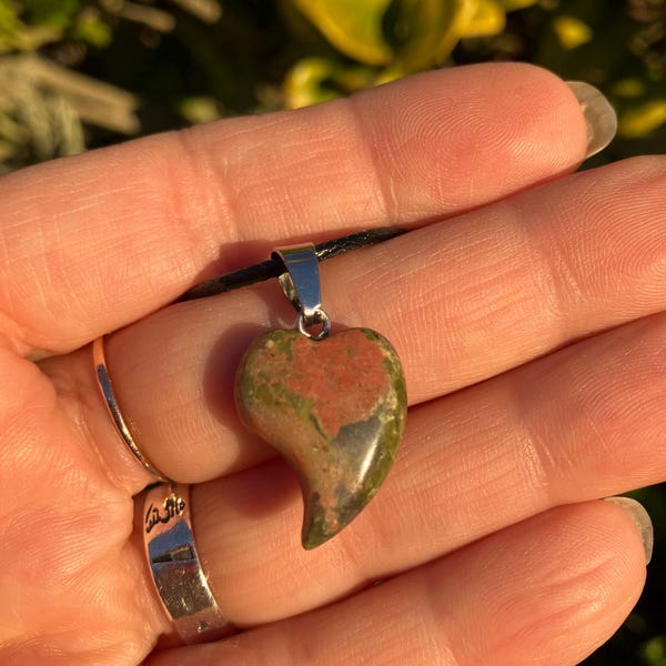 Unakite Jasper asymmetrical Heart Pendant Necklace: Healing Stone Charm, Black Cord UJAHP-1