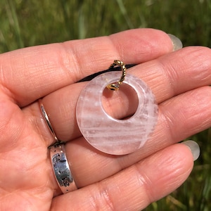 Quartz Crystal Donut Pendant Necklace: Healing Stone Charm, Black Cord