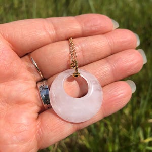Quartz Crystal Donut Pendant Necklace: Golden Chain Healing Stone