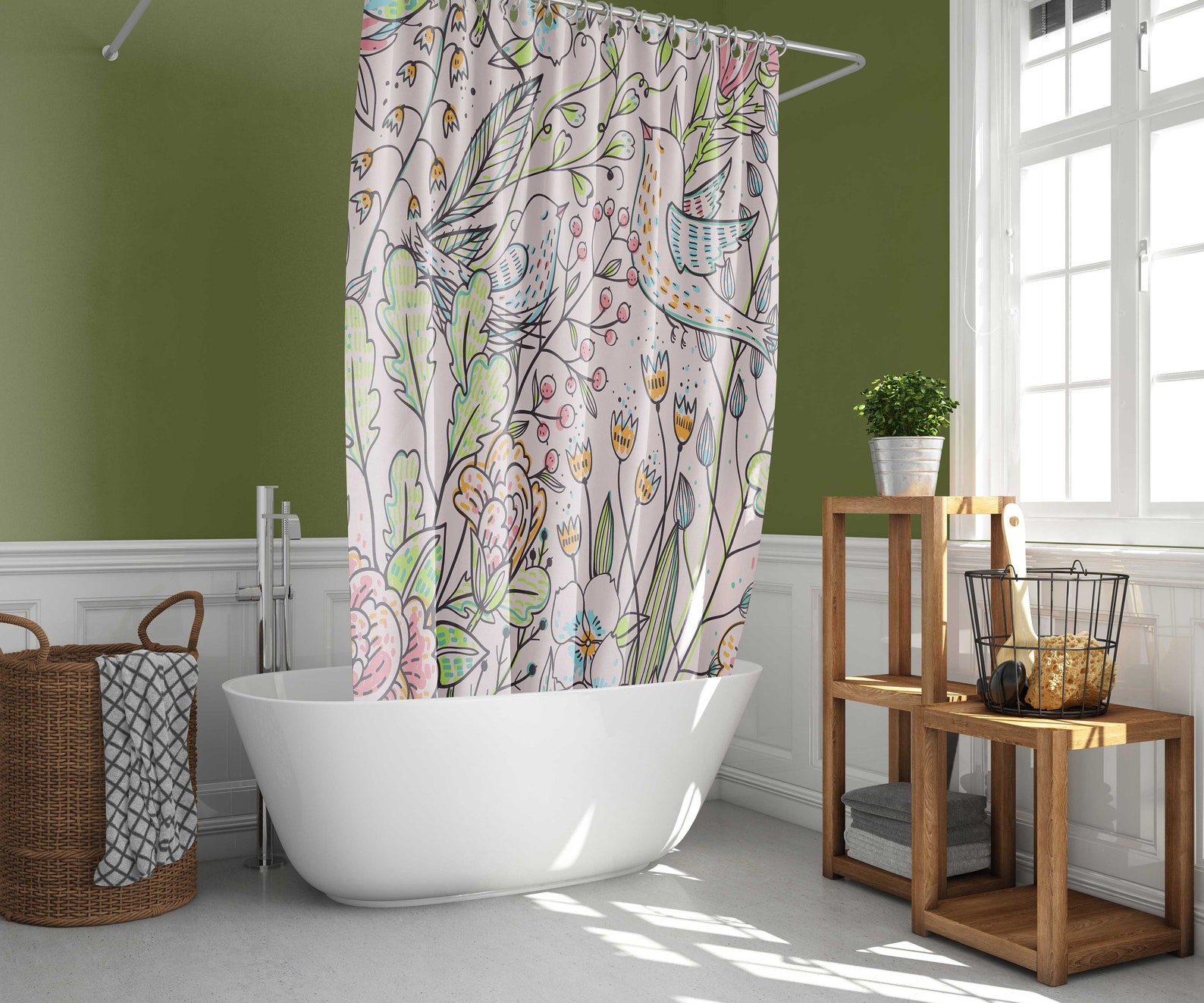 Birds in Floral Garden Shower Curtain Flowers Leaves Summer Etsy UK
