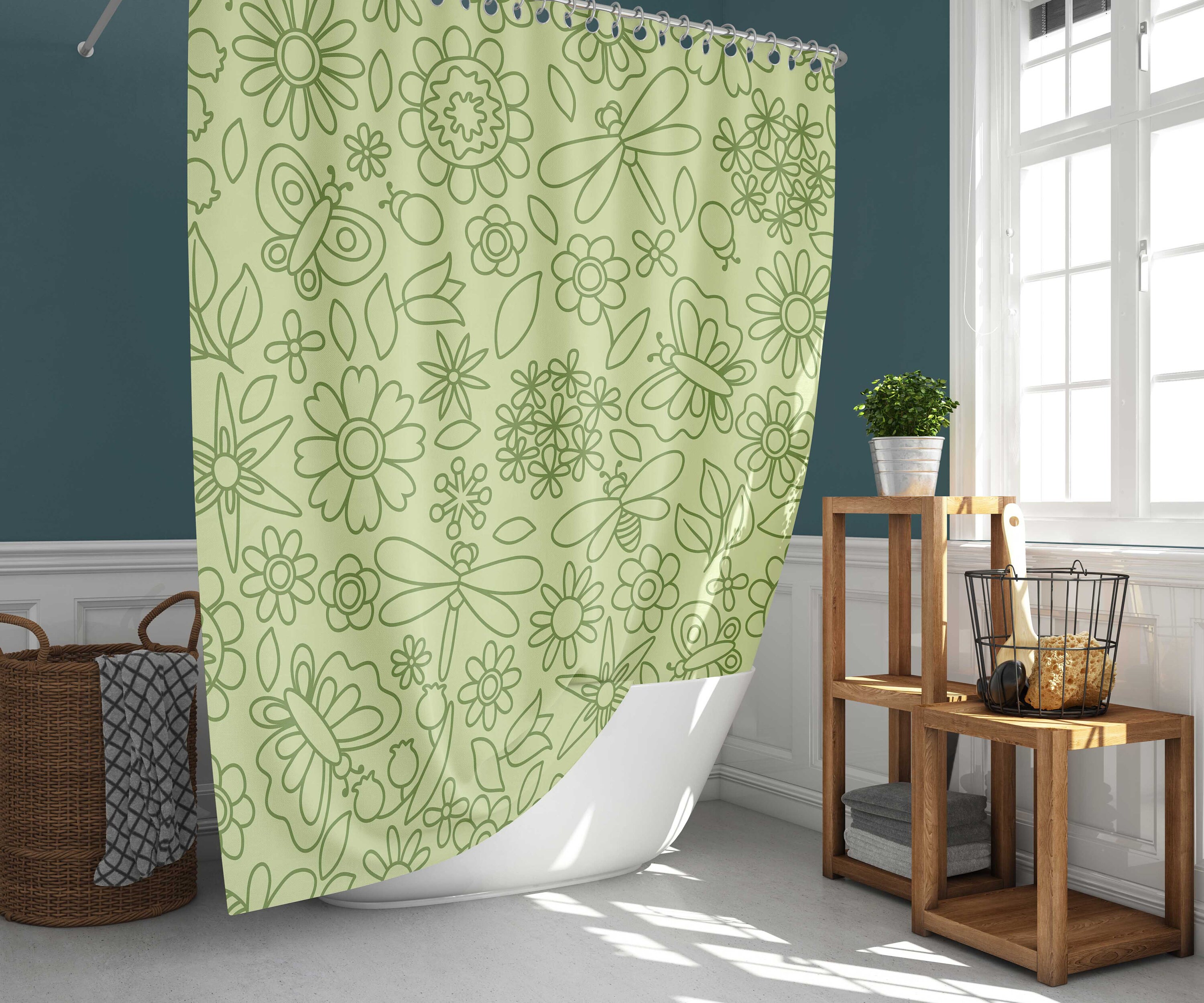 Floral Dragonfly Green Shower Curtain Botanical Tropical Etsy UK