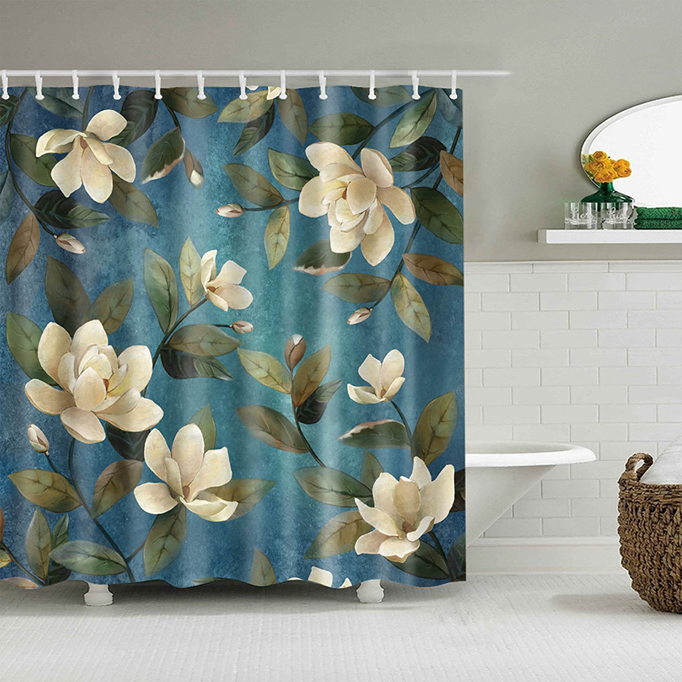 Floral Shower Curtains Retro Blue Flowers Waterproof Fabric Bath Curtain 