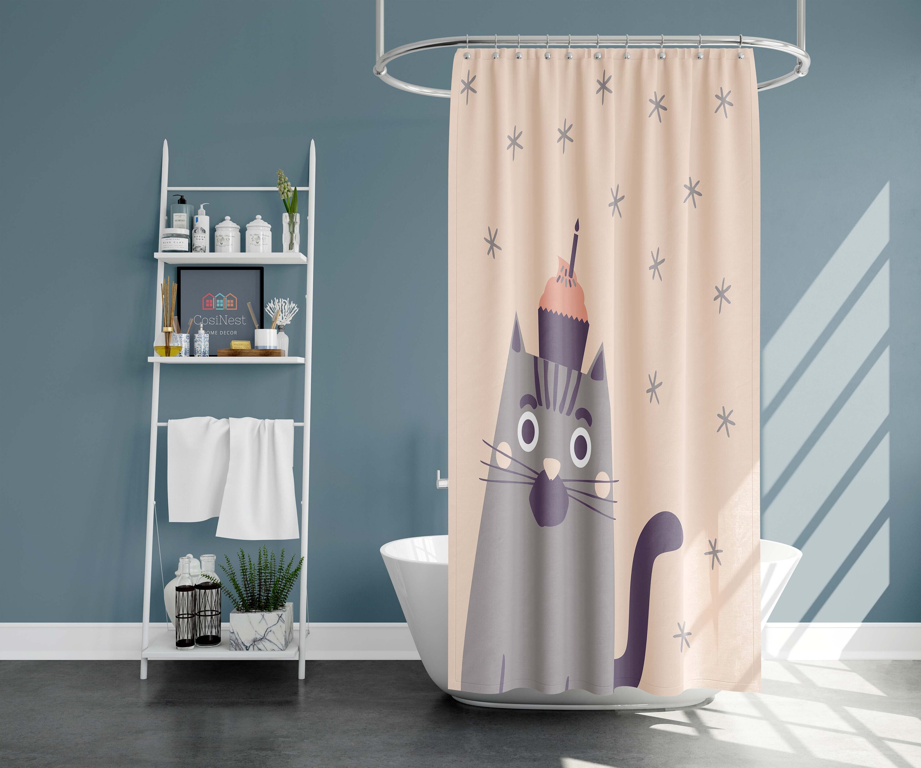 Cat Birthday Shower Curtain Kitty Cute Cat Fabric Bathroom Etsy UK