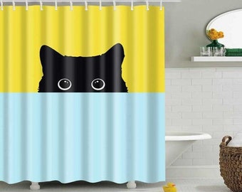 72/79"Bath Fabric Shower Curtain & Mat Rug &12Hook-Cute Black Cat Flicker 4072 