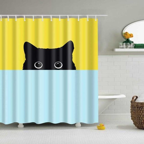 Cute Black Cat Shower Curtain Yellow, Yellow And Black Shower Curtains