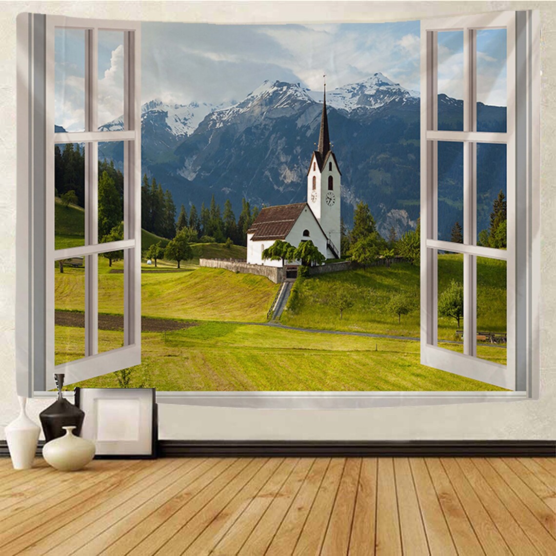 Church by the Mountain Tapestry Window Scenic View Classic Etsy