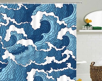Blue waves Shower Curtain | Ocean sea beach coastal themed curtain | Bath tub Curtain | Home bathroom decor accessories | House warming gift