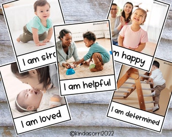 Puede incluir: Un conjunto de seis tarjetas de afirmación coloridas para niños de 0 a 3 años. Cada tarjeta presenta una foto de un niño y una afirmación positiva, como "Soy fuerte" o "Soy amado".
