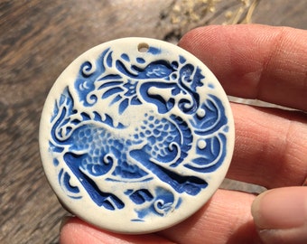 Blue Dragon Porcelain Pendant-Hand Crafted dragon pendant-charm-necklace charm-artisan charm ceramic pendant-jewelry part-ceramic charm