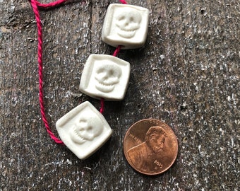 Porcelain Skull Beads-Artisan Beads Handmade bead-Steampunk beads-Embossed Bead-Goth bead-ceramic beads-pottery beads-porcelain beads