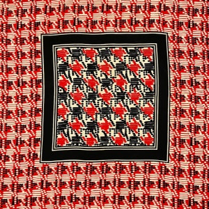 Fabulous vintage Da Maren red silk scarf with black and cream retro design.