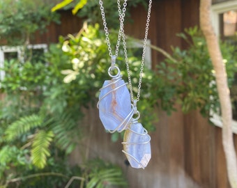 Blue Lace Agate Necklace, Crystal Necklace, Faceted Blue Lace Agate Necklace, Blue Lace Agate Pendant, Wire Wrapped Crystal, Non-tarnish