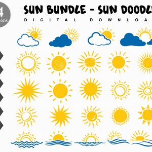 Puede incluir: Un conjunto de 24 ilustraciones de sol en varios estilos, incluyendo círculos simples, rayos y amaneceres. Los soles son amarillos y los fondos son blancos.