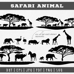 Safari Afrika silhouet dier SVG. Safari dierenscène. Afrikaanse dieren SVG. Dierlijke sihouettesnijbestand, Cricut. Olifant, giraf, leeuw SVG