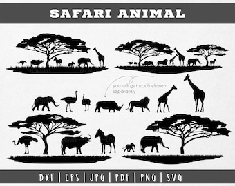 Safari Africa Silhouette Animal SVG. Safari Animal Scene. African Animal SVG. Animal Sihouette Cut File, Cricut. Elephant, Giraffe, Lion SVG
