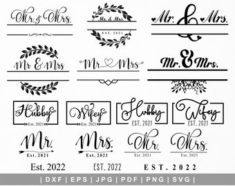 Sr. e Sra. svg com letras à mão. Sr. Sra. Split Monograma svg. Sr. Sra. Est 2025. Marido, esposa, Est svg. Casamento svg. Noiva, noivo svg. Casamento Cricut