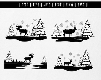 Winter Scene with Deer Moose svg bundle. Deer Moose Scene svg. Snowy Woods svg. Winter Pine Tree Snowy Christmas Scene Silhouette PNG Cricut
