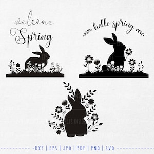 Lapin floral pour la saison printanière. Salutations de printemps svg. Silhouette de lapin floral svg. Bonjour Spring svg. Bienvenue Printemps svg. Lapin pour Cricut