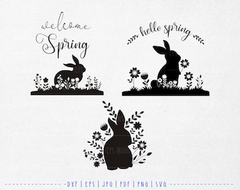 Floral Rabbit for Spring Season. Spring Greeting svg. Floral Rabbit Silhouette svg. Hello Spring svg. Welcome Spring svg. Rabbit for Cricut