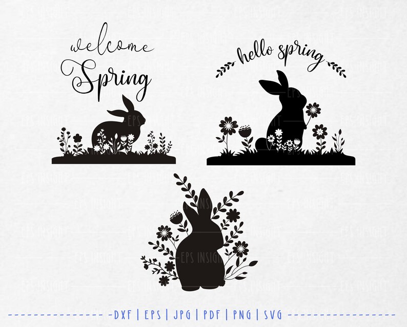 Floral Rabbit for Spring Season. Spring Greeting svg. Floral Rabbit Silhouette svg. Hello Spring svg. Welcome Spring svg. Rabbit for Cricut image 1
