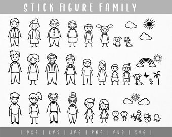 Pacote de família de bonecos palito. Stick figura svg. Doodle de boneco. Stick People Family Design Clipart, PNG, Cricut e arquivo cortado