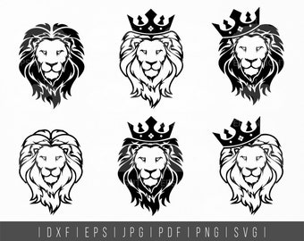 Cabeça de Leão svg. Rei Leão svg. Leão em Coroa svg. Cabeça de Leão Coroada. Clipart de Leão. Leão PNG. Silhueta de Cabeça de Leão dxf para arquivo de corte, Cricut