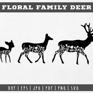 May include: A black silhouette of a deer family with floral patterns inside the silhouette. The family includes a buck, a doe, and a fawn.