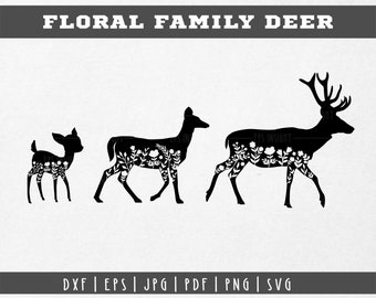 Animais Florais SVG. Família Veado floral svg. Pacote de flores de veado. Verão Primavera svg. Veado com flor animal PNG DXF silhueta corte arquivo cricut