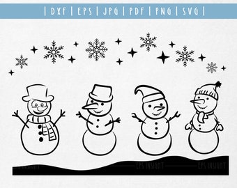 Pacote svg de boneco de neve. Boneco de neve desenhado à mão, boneco de neve de inverno svg, contorno de boneco de neve svg, cena de inverno com boneco de neve PNG DXF para Cricut e arquivo de corte