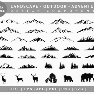 Diseño de paisajes de vida salvaje SVG. Paquete de montañas SVG. Paisaje, viajes al aire libre, aventura SVG. Montaña, pino, ciervo, silueta de oso Cricut