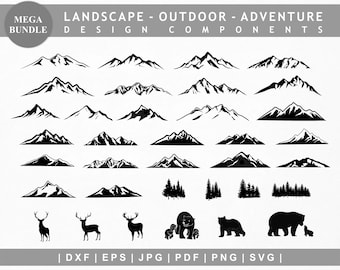 Cenário da vida selvagem Design SVG. Pacote de Montanha svg. Paisagem, viagens ao ar livre, aventura SVG. Montanha, Pinheiro, Silhueta de Urso Veado Cricut