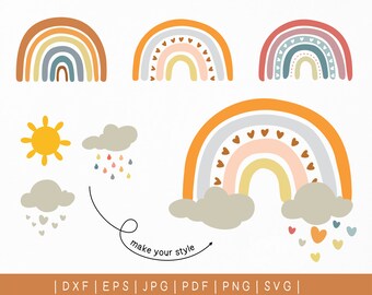 Boho Rainbow Design SVG. Boho Rainbow Pastel. Arco-íris desenhado à mão. Arco-íris Nuvem Sol Chuva Amor. Boho Rainbow svg png dxf para arquivo de corte cricut