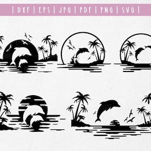 Sonnenuntergang Strand mit Delfin Bündel svg. Strandleben svg. Hawaii Tropisches Svg. Strand, Palme und Delfin Szene Silhouette png Cricut Cutfile