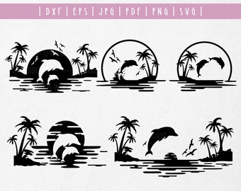 Sunset Beach with Dolphin Bundle svg. Beach Life svg. Hawaii Tropical svg. Beach, Palm Tree and Dolphin Scene Silhouette png Cricut Cutfile