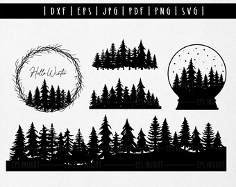 松の木のボーダー SVG。松の木の SVG。森の木のシルエット バンドル。クリスマス ツリーの SVG。森の SVG。松の木のシルエット Cricut カット ファイル