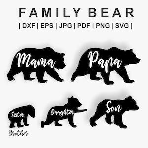 Pacchetto Orso di famiglia. Famiglia di orsi svg. Mamma Orsa, Orso papà, Sorellina Fratello Orso. Bear Family Silhouette DXF, PNG per file Cricut e Cut