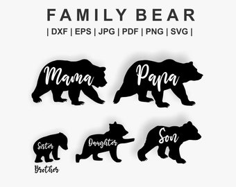 Pacote Urso Família. Família Urso svg. Mamãe Urso, Papai Urso, Irmãzinha, Irmão Urso. Silhueta da família do urso DXF, PNG para arquivo Cricut e Cut