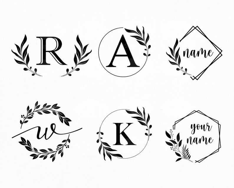 Peut inclure: Six logos monochromes de monogramme pr&eacute;sentant une lettre dans un cercle ou une forme g&eacute;om&eacute;trique avec une couronne florale. Les logos comprennent les lettres R, A, K et les lettres "we" en &eacute;criture cursive. Deux des logos comprennent le texte "your name" et "name".