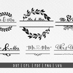 May include: Six black and white wedding graphics with the text "Mr. & Mrs." in different fonts and styles. Each graphic features a different floral design.