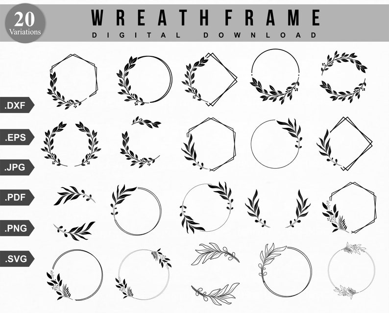 Peut inclure: Un ensemble de 20 illustrations de cadres de couronnes en noir et blanc. Les cadres sont de formes vari&eacute;es, notamment des cercles, des carr&eacute;s et des hexagones. Certains cadres sont orn&eacute;s de motifs de feuilles simples.