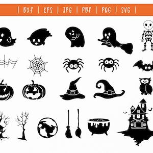 May include: Black and white Halloween-themed digital illustrations. Includes ghosts, spiders, pumpkins, witch hats, a skeleton, a bat, an owl, a haunted house, and other spooky elements. The top of the image has file type options: DXF, EPS, JPG, PDF, PNG, SVG.