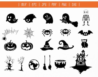 Pacote fofo de Halloween em SVG. Decoração de Halloween. Arquivo de corte de Halloween. Fantasma fofo com caveira, esqueleto, aranha, abóbora, morcego em SVG. Ícones fofos de Halloween
